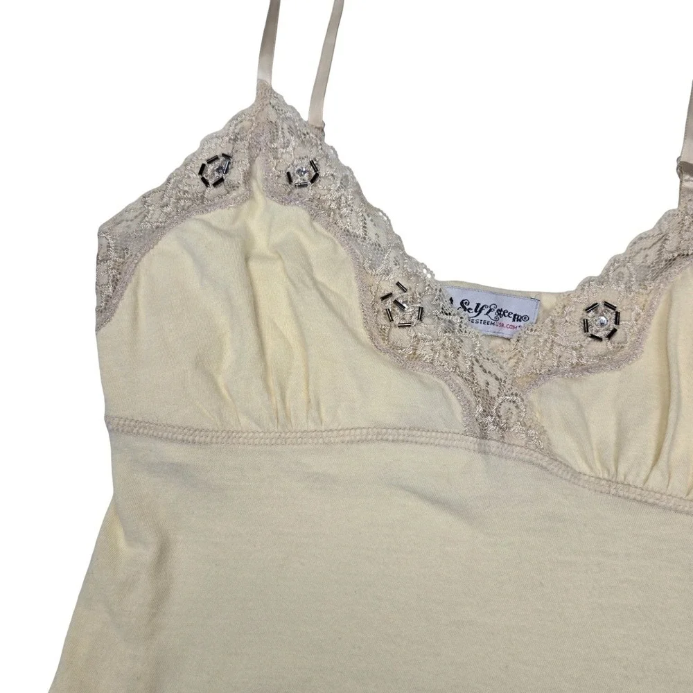 Self Esteem Vintage Y2K Camisole Top Butter Yellow Lace Trim Beaded Tank Top